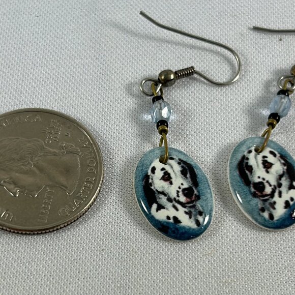 Dalmatian Dog Dangle Earrings Ceramic Blue Black White Beaded 2" Pet - Picture 7 of 9